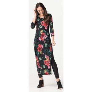 G.I.L.I. 3/4-Sleeve‎ Rib Knit Printed Duster Top Floral Midi Dress 3/4 Sleeve XS